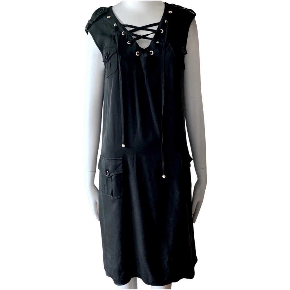 MOSCHINO 100% Silk Lace Up Sleeveless Black Dress